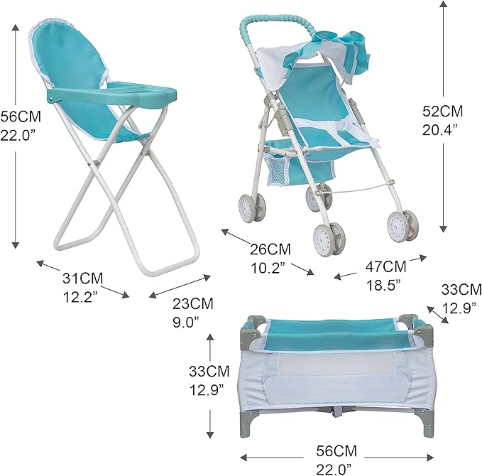 Olivia's Little World 3-in-1 Baby Doll Nursery Set, Blue/White