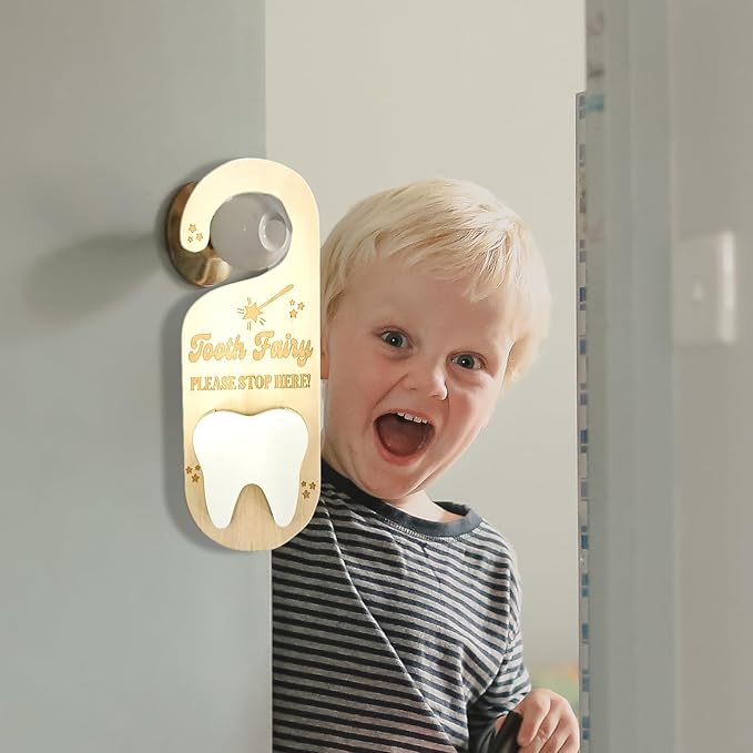 PAMBO Tooth Fairy Tooth Holder, Wooden Tooth Keepsake Door Hanger 3D |