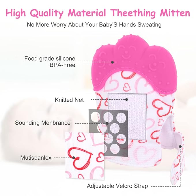 2Pack Silicone Teething Mitt, Soothing Infant Teething Mitten Pain Relief 0-12 Months
