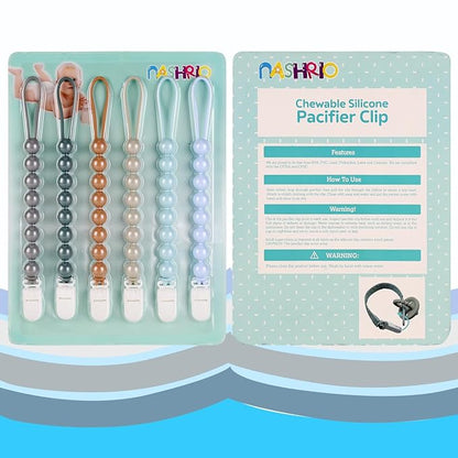 6-Pack Silicone Pacifier Clips for Baby Boys and Girls - One-Piece Beads, Rust-Free Holders