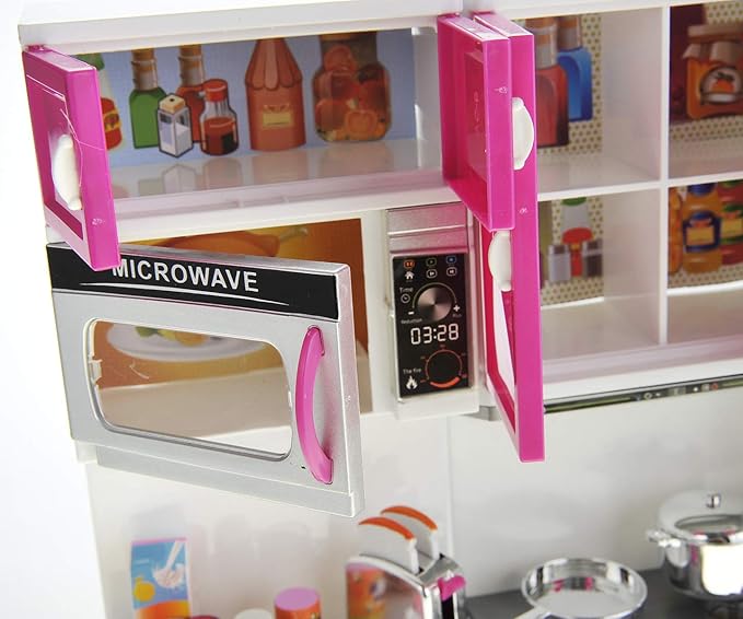 Doll Kitchen Playset, Mini Modern Kitchen Toys Pretend Play Furnitures Toy Sets Accessories Set with Realistic Light & Sound for Kids Toddlers Girls (3-in-1)