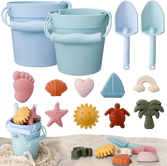 Hungdao 14 Pcs Silicone Beach Toys Travel Beach Set Sand Toys Include 2 Silicone Bucket Pail, 2 Shovel 9 Sand 1 Beach