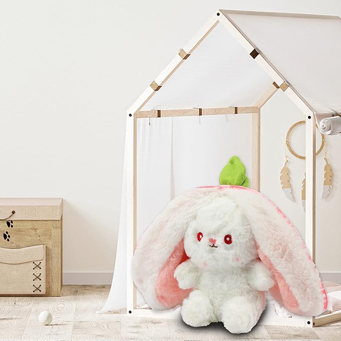 Hopearl Reversible Strawberry Floppy Ear Bunny Stuffed Animal with Zipper Adorable Magical Plush Toy Rabbit Soft Squishy Plushie Gifts for Kids Girls, Pink 10''