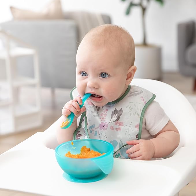 Bumkins Baby Bowl, Silicone Feeding Set with Suction for Baby and Toddler, Includes Spoon and Lid, First Feeding Set, Training Essentials for Baby Led Weaning for Babies 4 Months Up, Blue Jelly