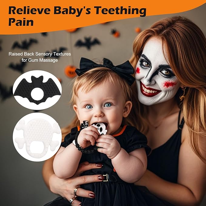Halloween Baby Teething Ring Toys ??Skull & Bat Silicone Teethers for Newborns, Infants & Toddlers
