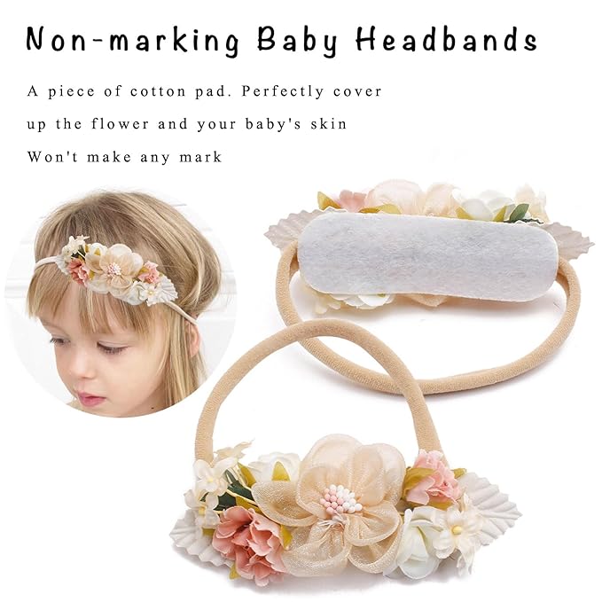 Delicate Floral Headbands Set for Girls - 3pcs Elastic Nylon Pearl Hair Bands, Soft & Stretchy Accessories for Infants