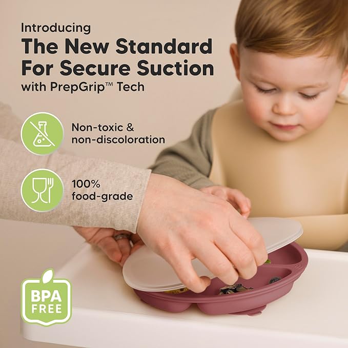 KeaBabies Suction Plates with Lids for Baby - 3-Pack 100% Silicone Suction Plates for Baby, Kids,Toddler Plates,Divided Baby Plates with Suction,Lids, BPA-Free, Microwave, Dishwasher Safe (Burgundy)