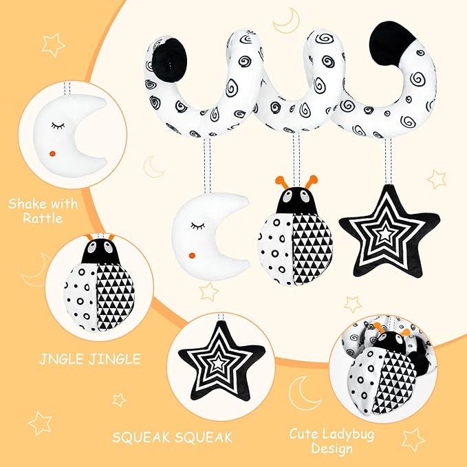 XIXILAND Car Seat Toys for Babies 0-6 Months Boys Girls, Black and White High Contrast Baby Toys 0-3 Months Carseat Toys for Infants 0-6 Months, Stroller Toys Newborn Infant Toys for 0-18 Months