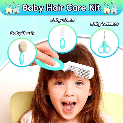 Baby Healthcare and Grooming Kit, Baby Safety Set Newborn Nursery Health Care Set with Hair Brush Scale Measuring Spoon Nail Clippers (17pcs, Green)