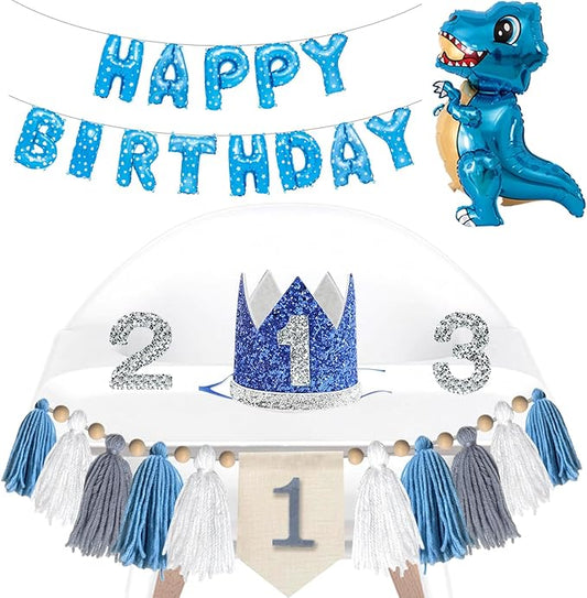 1-3st Birthday Highchair Banner Decorations for Boys, Cute Baby Party Crown Hat