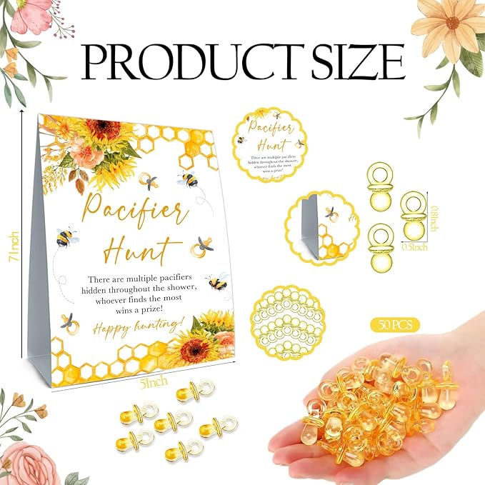 Pacifiers Hunt for Baby Shower Game, Mini Pacifiers Baby Shower Game Set 50Pcs Yellow