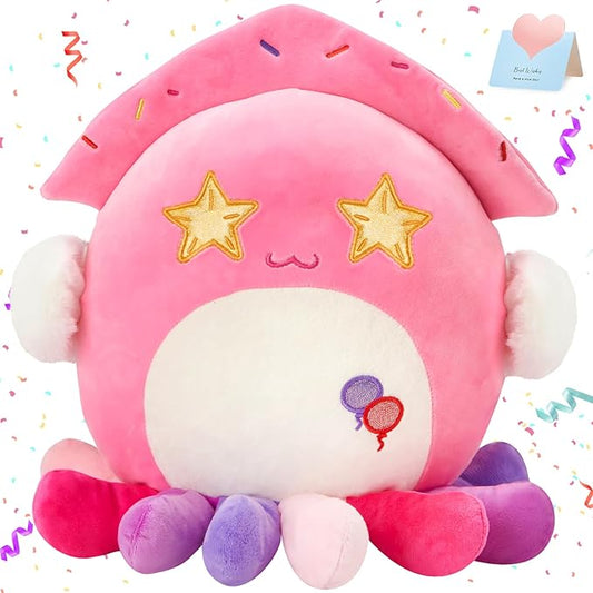 Houwsbaby 12" Pink Party Squid Plush Pillow,Octopus Plushie Ocean Sea Life Stuffed Animal Toys