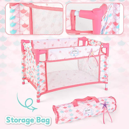 deAO Baby Doll Stroller Crib Bed Nursery Role Play Set Baby Doll Accessories and Play Mat,Travel Cot
