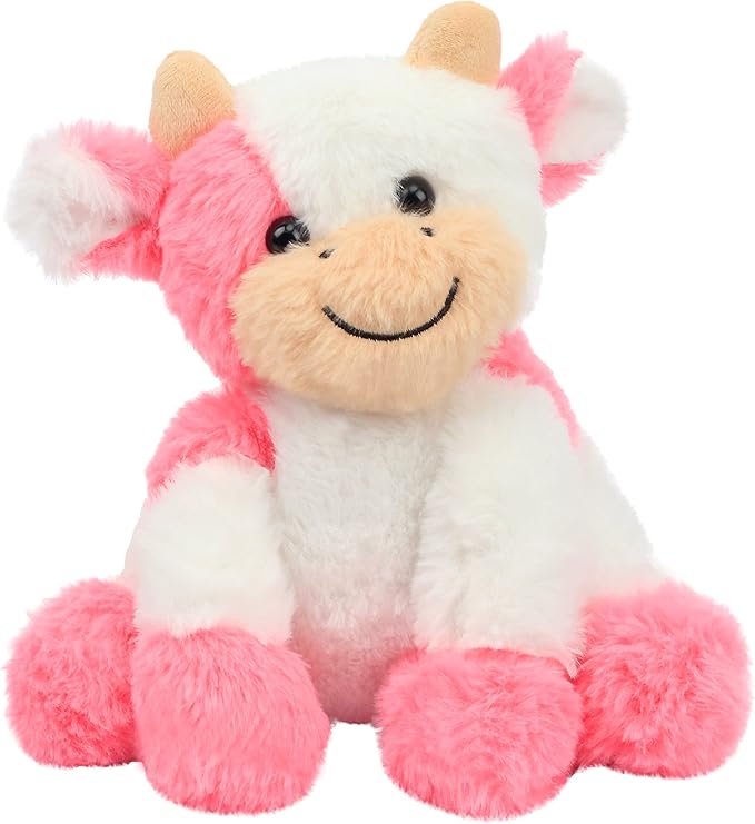 Hopearl Adorable Plush Cow Toy Floppy Dairy Cattle Soft Stuffed Animal Cute Birthday for Boys Girls Kids Toddlers, Strawberry Pink 9''