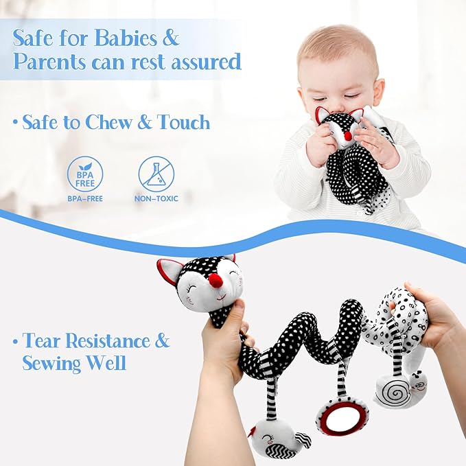 Car Seat Toys for Babies 0-6 Months Boy Girl Carseat Toys Hanging, Black and White High Contrast Baby Toy for Newborn, Baby Infant Sensory for Crib Mobile Carseat Stroller, Gift for 0 3 6 9 12 Months