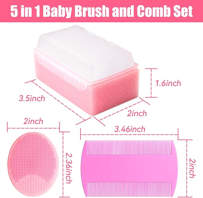 Cradle Cap Brush for Babies, 5Pcs Cradle Cap Treatment Set with Soft Bristle Brushes Silicone Scrubber Fine-Tooth Comb for Newborn Bathing Essentials Baby Brush and Comb Set (Pink)
