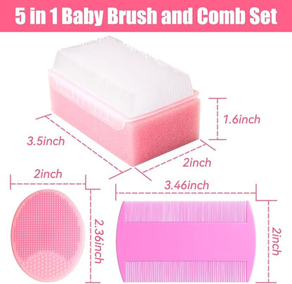 Cradle Cap Brush for Babies, 5Pcs Cradle Cap Treatment Set with Soft Bristle Brushes Silicone Scrubber Fine-Tooth Comb for Newborn Bathing Essentials Baby Brush and Comb Set (Pink)
