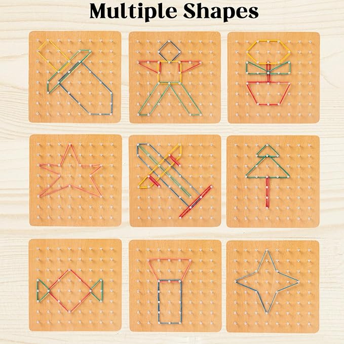 Wooden Mathematical Manipulative Material Array Block Geo Board Educational Toy with 30 Pattern Cards and 40 Rubber Bands to Create Figures Brain Teaser STEM Toy for 3 4 5 Year Old Kids and Toddlers