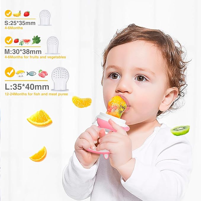 Baby Solids/Frozen Fruit Feeder Pacifier, Infant Teether Toy 4M+, BPA-Free Silicone Pouch & Nipple, Safely Introduce Solids, Teething Relief, 2-Pack (Piglet - Green Pink, S/M/L)