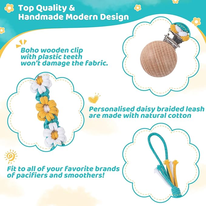Pacifier Clip for Boys Girls Floral Daisy Macrame Baby Paci (1pack:Yellow Daisy