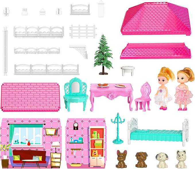 TEMI Villa Toys for 3 4 5 6 7 8 Years Old Girls - 2 Storeys 4 Rooms, Indoor Playset with 2 Dolls Toy Figures, Toys Furniture and Accessories, Pretend Girls Plays, Building Toys, Gifts Toy