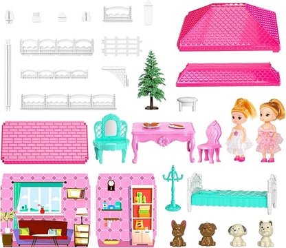 TEMI Villa Toys for 3 4 5 6 7 8 Years Old Girls - 2 Storeys 4 Rooms, Indoor Playset with 2 Dolls Toy Figures, Toys Furniture and Accessories, Pretend Girls Plays, Building Toys, Gifts Toy