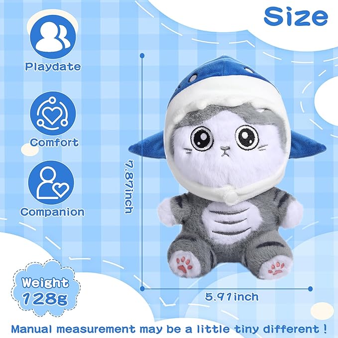 MIAODAM Cute Cat Plushie with Shark Stuffed Animal Hat - Soft Shark Cat Plush Toy Stuffed Animal Doll, for Baby (20cm/7.8in)