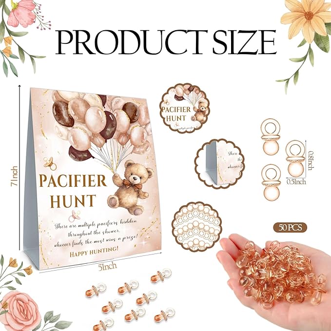 Winnie Mini Pacifiers Baby Shower Games Set, 50Pcs Brown Mini Pacifiers Decor for Baby Shower 5 * 7IN