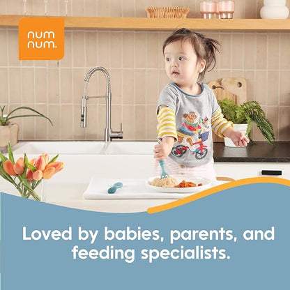 NumNum Baby Spoons Set, Pre-Spoon GOOtensils for Kids Aged 12+ Months - First Stage, Baby Led Weaning (BLW) Spoon - Self Feeding, Silicone Toddler Food Utensils - 1-Pack, 4 Spoons, Blue/Green