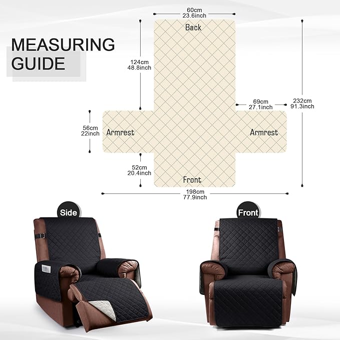 KinCam 100% Waterproof Recliner Chair Cover, Reclining Couch Covers for Pets, Dogs, Recliner Couch Slipcover Furniture Protector with Elastic Straps for Kids(23.6", Black)