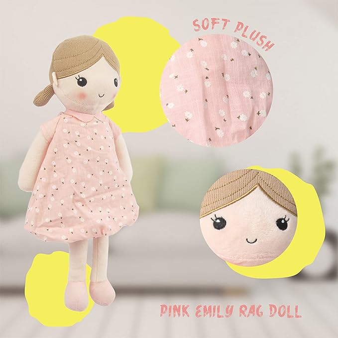 Linzy Toys, Soft Plush Light Pink Blue Emily Rag Doll for Girl 15" My (89835)
