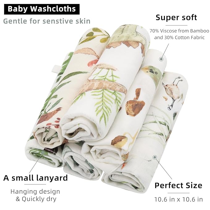 LifeTree 6 Pack Baby Muslin Washcloths for Unisex, 70% Viscose from Bamboo and 30% Cotton Wash Cloth Set for Baby Face Body