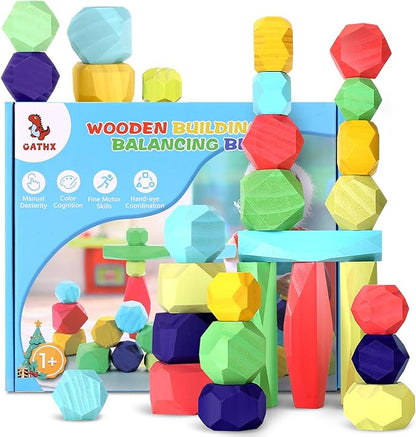 oathx Montessori Toys Wooden Blocks for Toddlers 1-3, 28Pcs Extra Large Stacking Stones Building Blocks 1+ Year