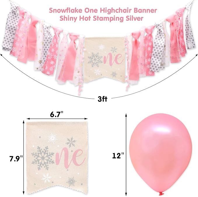 Winter Onederland Highchair Banner, Snowflake One Cake Topper Crown Hat Latex Balloons For Baby Girls Winter First Birthday Party Decorations 4