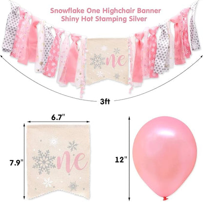 Winter Onederland Highchair Banner, Snowflake One Cake Topper Crown Hat Latex Balloons For Baby Girls Winter First Birthday Party Decorations 4