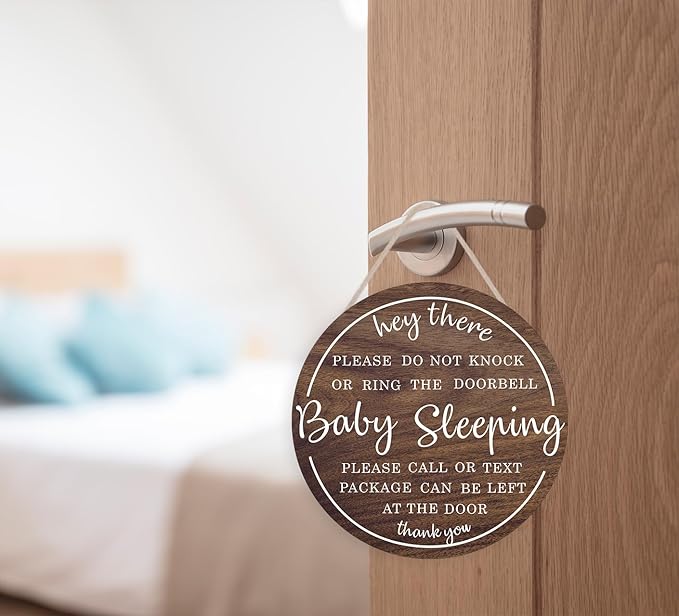 OLMIXA Baby Sleeping Wooden Sign (12x12 inch), Do Not Knock or Ring Door Knob Sign for Front Door