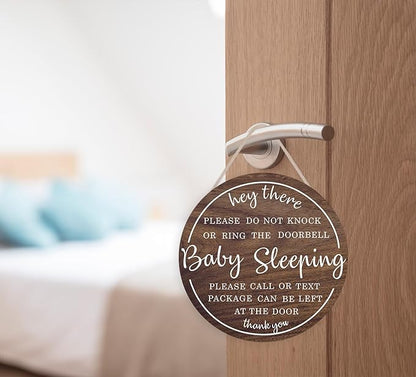 OLMIXA Baby Sleeping Wooden Sign (12x12 inch), Do Not Knock or Ring Door Knob Sign for Front Door