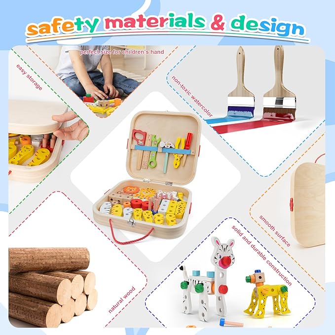 Wooden Animal Tool Box for Kids, Contains Stickers, Screws, Assembly Tools, Animal Building Blocks, Children's Montessori Building Block Assembly Toy, Ideal Gift for Boys and Girls 3，4，5，6
