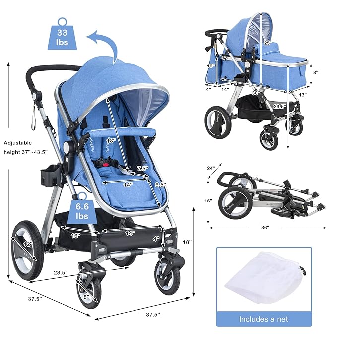 BABY JOY Baby Stroller, 2-in-1 Convertible Bassinet Reclining Stroller, Foldable Pram Carriage with 5-Point Harness, Including Cup Holder, Foot Cover, Diaper Bag, Aluminum Structure, Blue