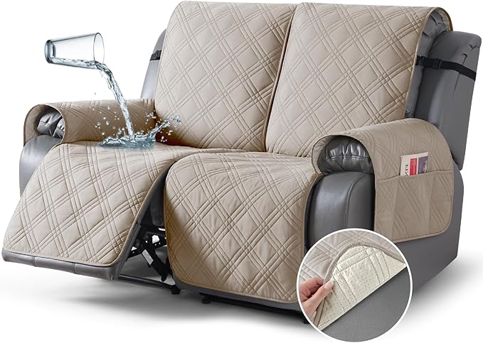 TAOCOCO 100% Waterproof Loveseat Recliner Cover, Non Slip Split Loveseat Covers for Reclining Loveseat with Elastic Straps, Washable Recliner Chair/Furniture Protector for Kids Pets(2 Seater, Cream)