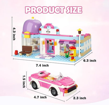 BRICK STORY Girls Friends Hair Salon Building Kit with 2 Mini People 5 Dolls Hair Creative Girls Friends Sets 358 Pieces with a Pink Convertible Car STEM Building Toys Gifts for Kids Age 6-12 and Up