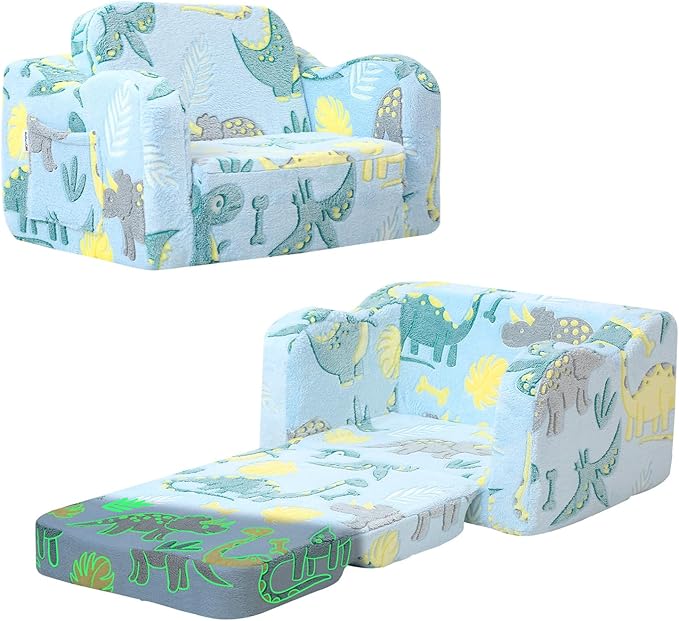 MeMoreCool Glow in The Dark Dinosaur Toddler Couch, Foldable Plush Kids Recliner Chair, Baby Lounge Sofa, Fold Out Couch for Boys Ages 1-3 (Blue)