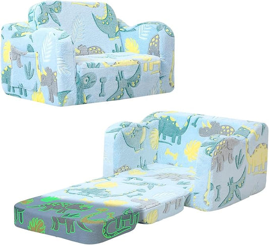 MeMoreCool Glow in The Dark Dinosaur Toddler Couch, Foldable Plush Kids Recliner Chair, Baby Lounge Sofa, Fold Out Couch for Boys Ages 1-3 (Blue)