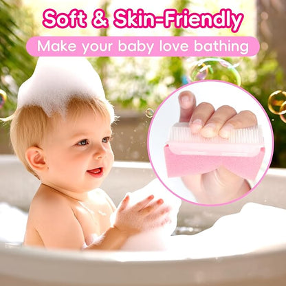 Cradle Cap Brush for Babies, Baby Bath Essentials with Silicone Scrubber Bath Sponge Dual-Sided Comb for Newborns Toddlers Boys Girls (Pink, Set of 5)