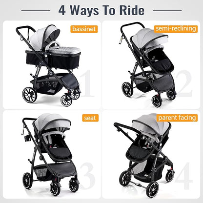 Baby Stroller, 2-in-1 Reversible ToddlerSeat with Lie-Flat Mode, Foldable Infant Stroller with Canopy, One Button Brake, Adjustable Handle, Newborn Pushchair (Gray B)