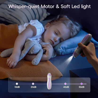 Baby Nail Trimmer Electric, 15 in 1 Baby Nail Clippers for Gentle Nail Care, Rechargeable Baby Nail File Electric with Light &15 Grinding Pads for Infant Toddler, Purple