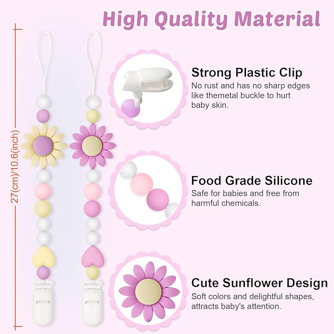 2 Pack Silicone Pacifier Clip for Boys and Girls, Features One-Piece Design Pacifier Strap with Clip