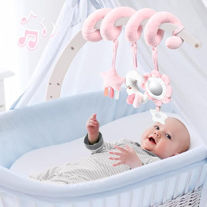 Spiral Car Seat & Stroller Activity Toy, Crib Hanging Rattles Toys for Ages 0-12 Months, Mirror, Textured Ribbons, Squeaky Carseat Stroller Toys, Newborn Baby Girl Gifts