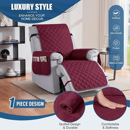 TAOCOCO 100% Waterproof Recliner Covers, Recliner Sofa Covers with Leg Straps, Reversible Recliner Couch Cover for Reclining Chair, Washable Couch Protector for Pets Kids(1 Seater 28", Wine)