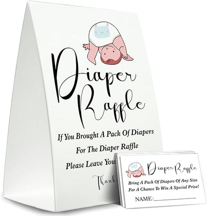 Diaper Raffle Sign,Diaper Raffle Baby Shower Game Kit (1 Standing Sign + 50 Guessing Cards) Diapers-XN23